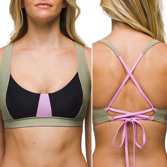 Prana Talum Top bikini cross back lace-up black color block pink agave green - Picture 1 of 5